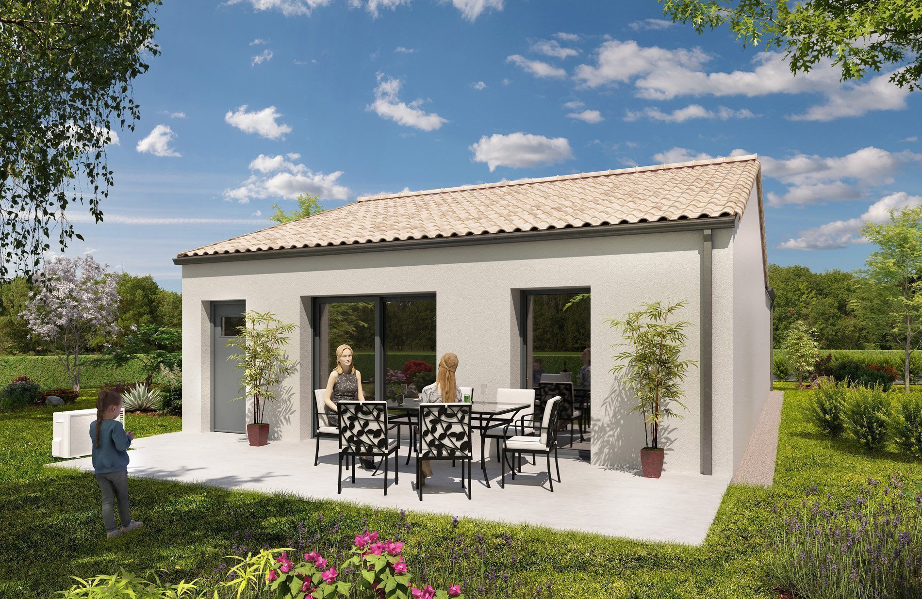 maison plain-pied côté jardin baie vitrée terrasse portes-fenêtres du catalogue de construction neuve de Vendée Habitat