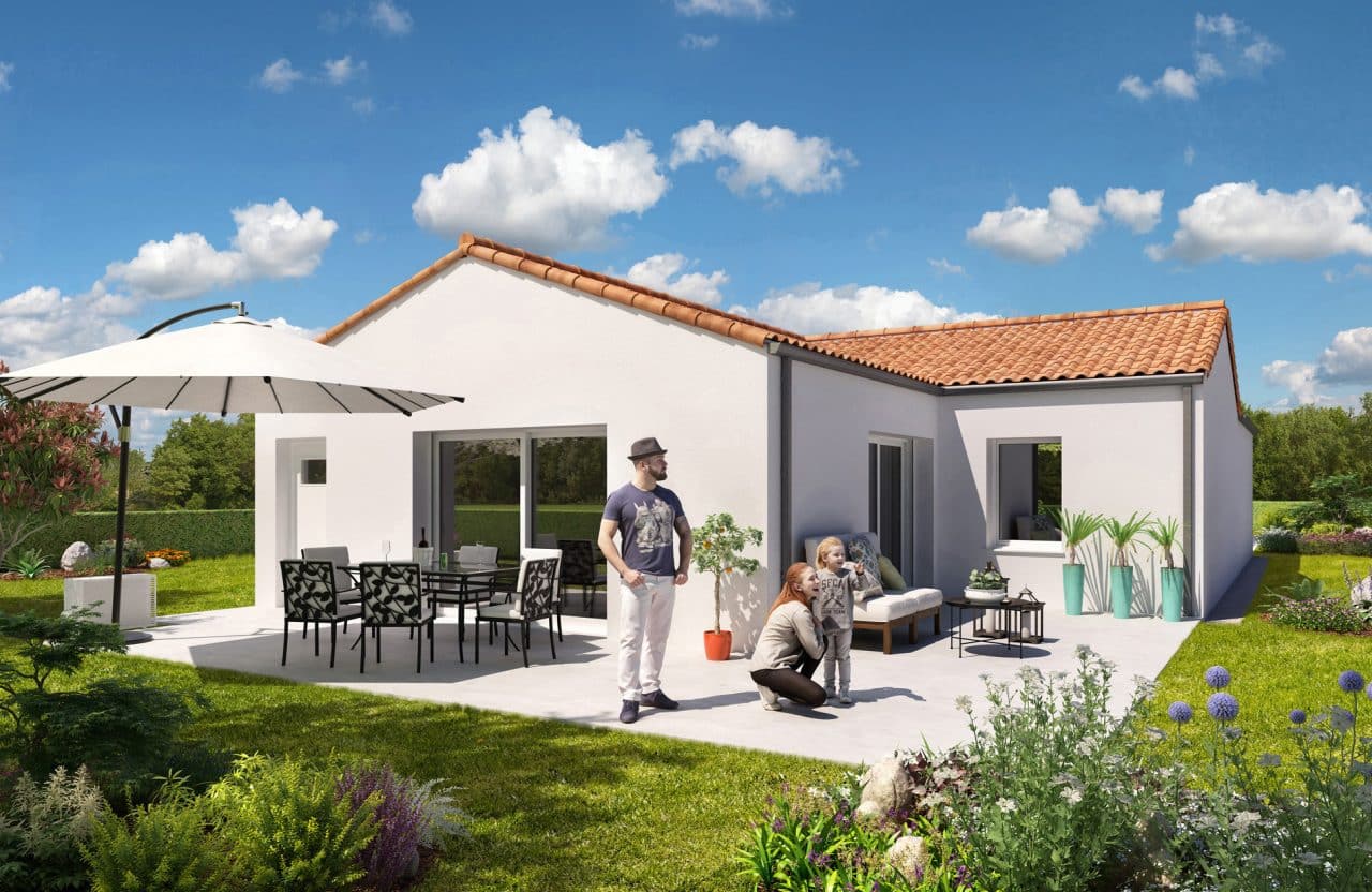 maison neuve T5 plein pied côté jardin baie vitrée terrasse construction proposée à la construction en BRS ou PSLA par Vendée Habitat